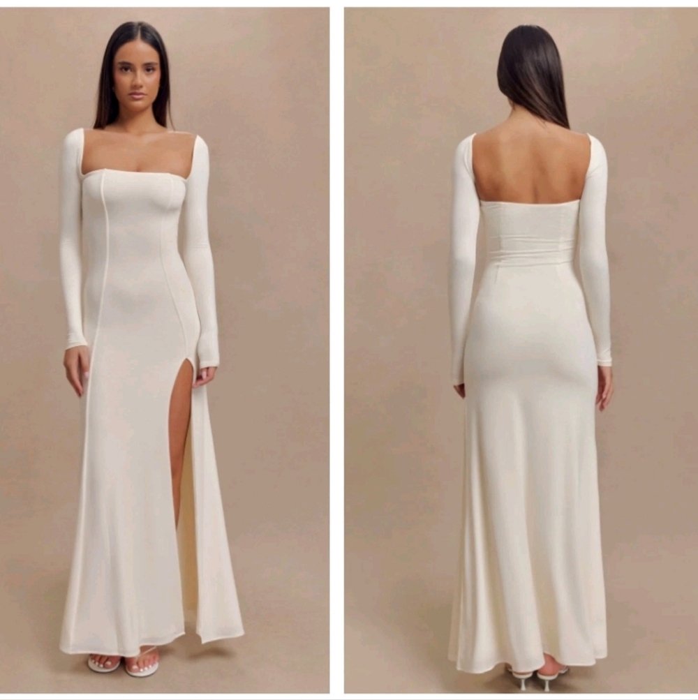 New Meshki Desirie Square Neck Open Back Long Sleeve Bodycon Maxi Dress Gown